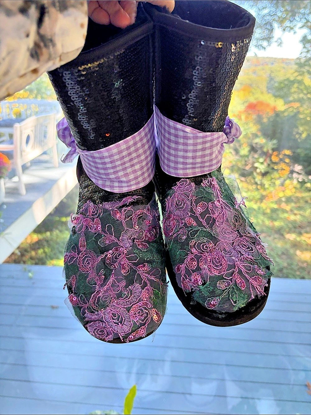UGG Floral Embroidered Boots Black & Pink US 8 Custom Designed